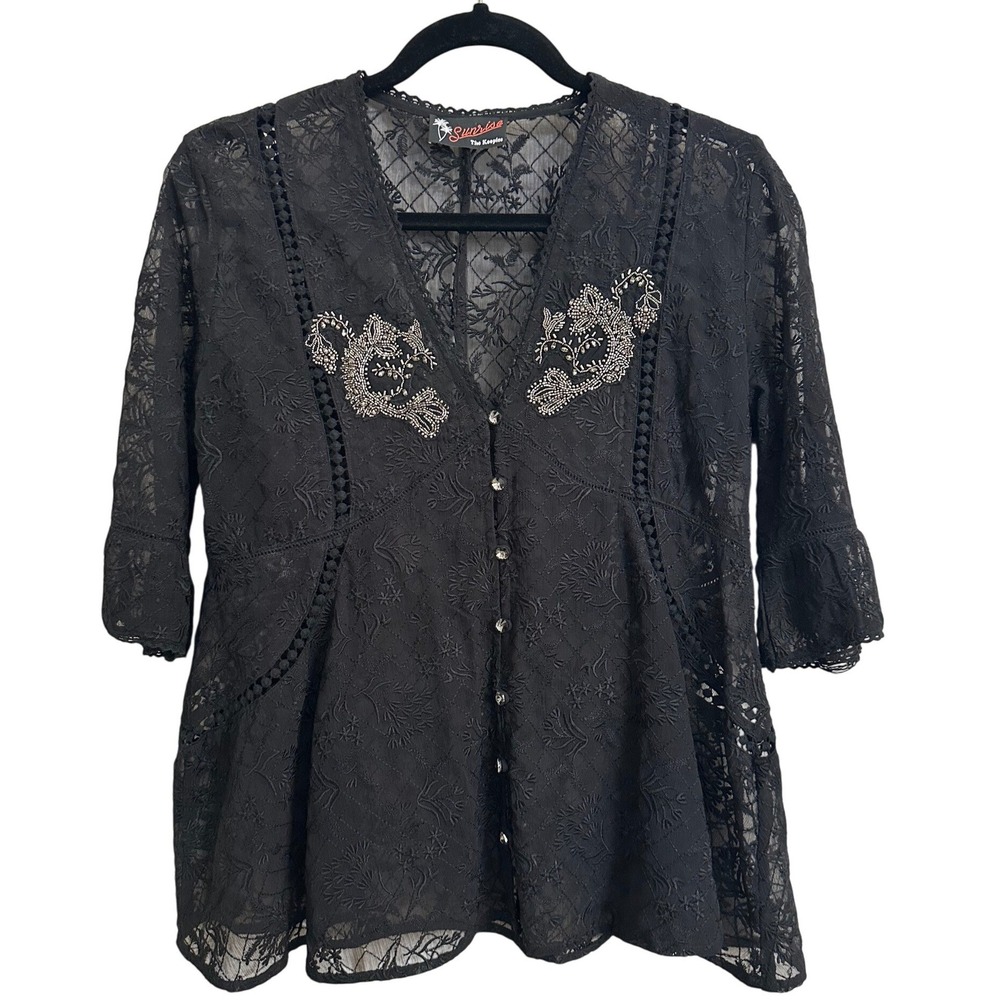 The Kooples Sunrise Black Embroidered Beaded Lace Silk Blouse M‎